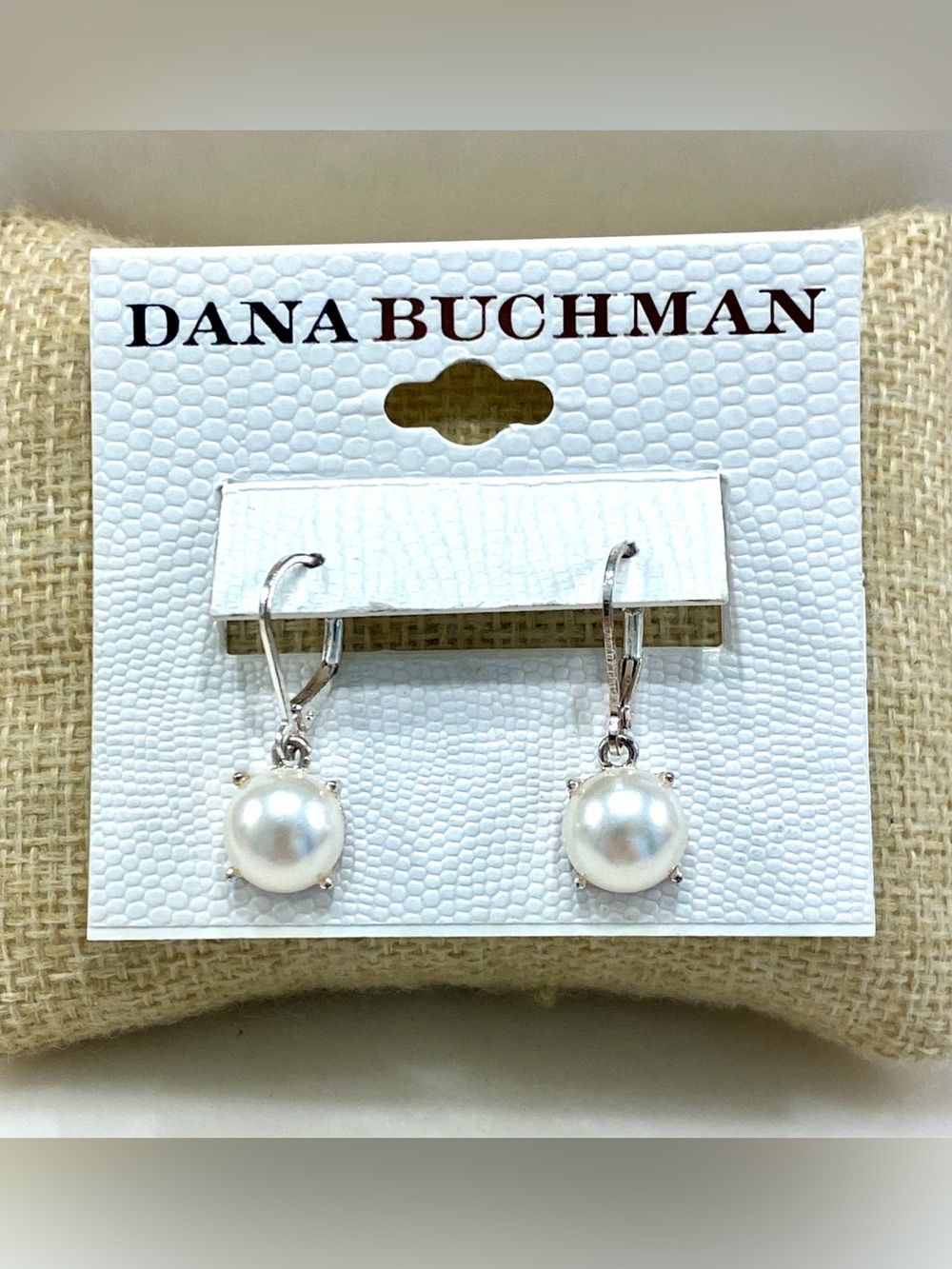 Dana Buchman Silver Leverback Earrings Round Faux Pearl Solitaire Drops NWT